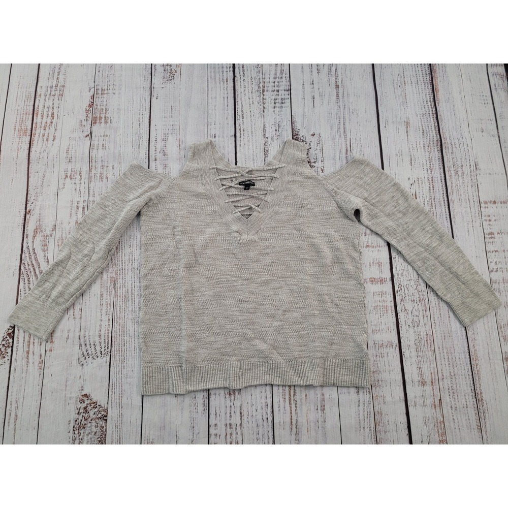 Express Light Gray Cold Shoulder Lace Up V Neck Sweater Women's L *READ